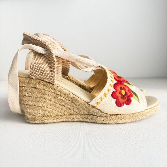 Embroidered Canvas Ankle Tie Wrap Wedge Espadrilles 9 - Picture 2 of 8